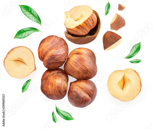 Hazelnuts isolated on white background. Creative food layout. Pattern with hazelnuts Top view. Flat lay.