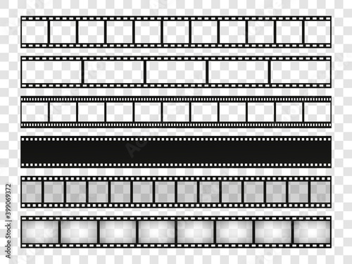 Film strip set. Blank stripes cinema on transparent background. Vector templates.
