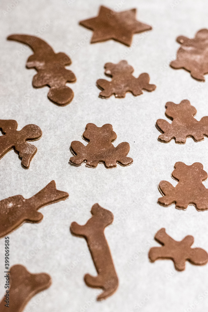 Art of home made christmas gingerbread - raw unbaked frogs and other animals