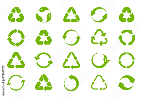 Set of green recycling icons. Recycle symbol. Rotation arrow pack. Reuse cycle. Vector eco icons