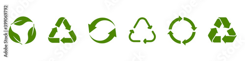 Recycling green icon set. Recycle symbol. Rotation arrow pack. Reuse cycle. Vector eco icons