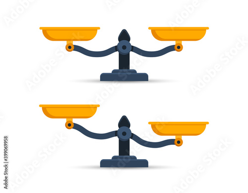Scales. Weights set. Libra icons. Bowls of scales imbalanced and balance. Vector illustration.
