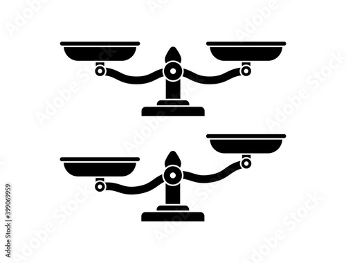 Scales icon set. Weights set. Libra icon. Bowls of scales imbalanced and balance. Vector illustration.