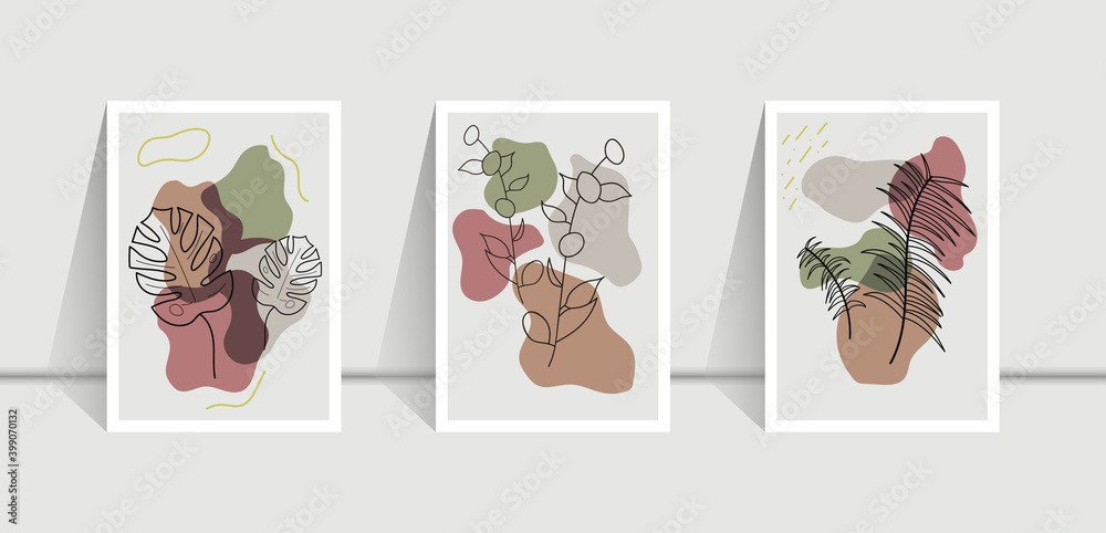 Set of minimal boho cover vector designs for decoration simple luxury interior with hand drawn plants and colorful shapes on white background. Abstract mockup template for wallpaper. Eps 10 vector