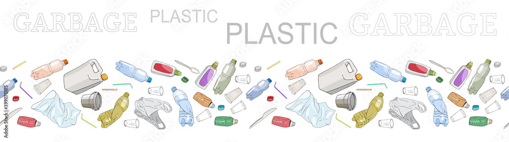 Seamless border with sorted plastic garbage isolated on white. Concept of Recycles Day, World Cleanup Day and ecology. Seamless border with sorted plastic garbage isolated on white. Concept of Recycles Day, World Cleanup Day and ecology.