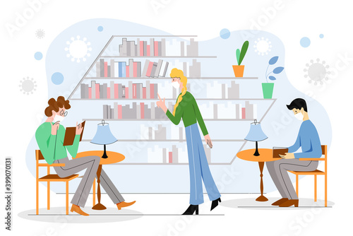 Peopie with masks read books in library vector illustration. Cartoon man woman reader characters reading books, wearing face protective masks to protect against coronavirus infection isolated on white