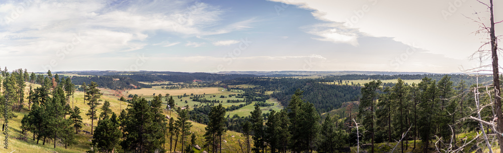Panorama shot of of nature around Devils tower in america on sunny day