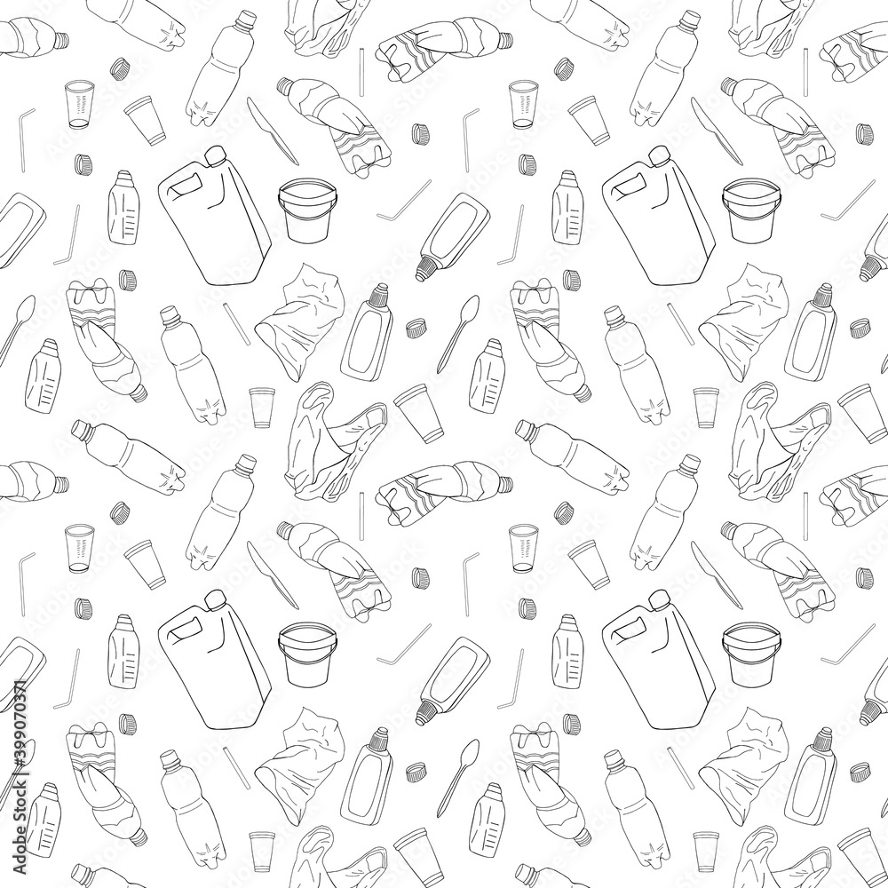 Seamless pattern with sorted plastic garbage isolated on white background. Seamless pattern with sorted plastic garbage isolated on white background.