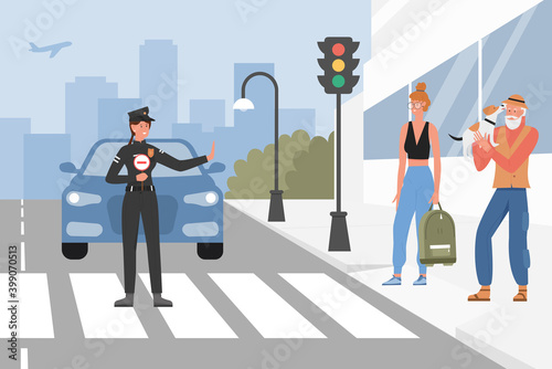 Police worker on street road vector illustration. Cartoon traffic police officer woman character wearing uniform, holding warning sign to stop car and pedestrians people, policeman work background