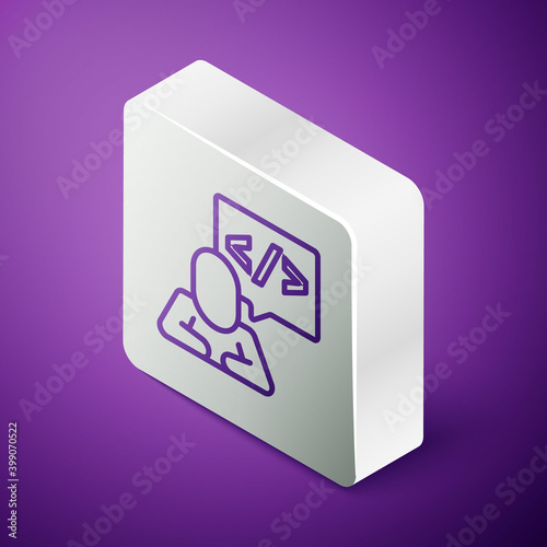 Isometric line Web design and front end development icon isolated on purple background. Silver square button. Vector.