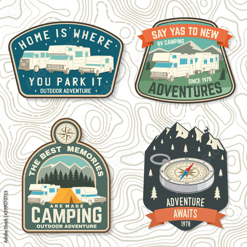 Set of rv camping badges, patches. Vector. Concept for shirt or logo, print, stamp or tee. Vintage typography design with RV Motorhome, camping trailer and off-road car silhouette.