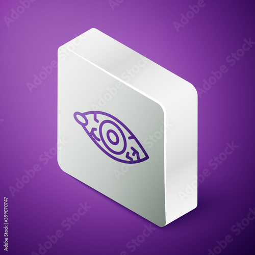 Isometric line Reddish eye due to viral, bacterial or allergic conjunctivitis icon isolated on purple background. Silver square button. Vector.