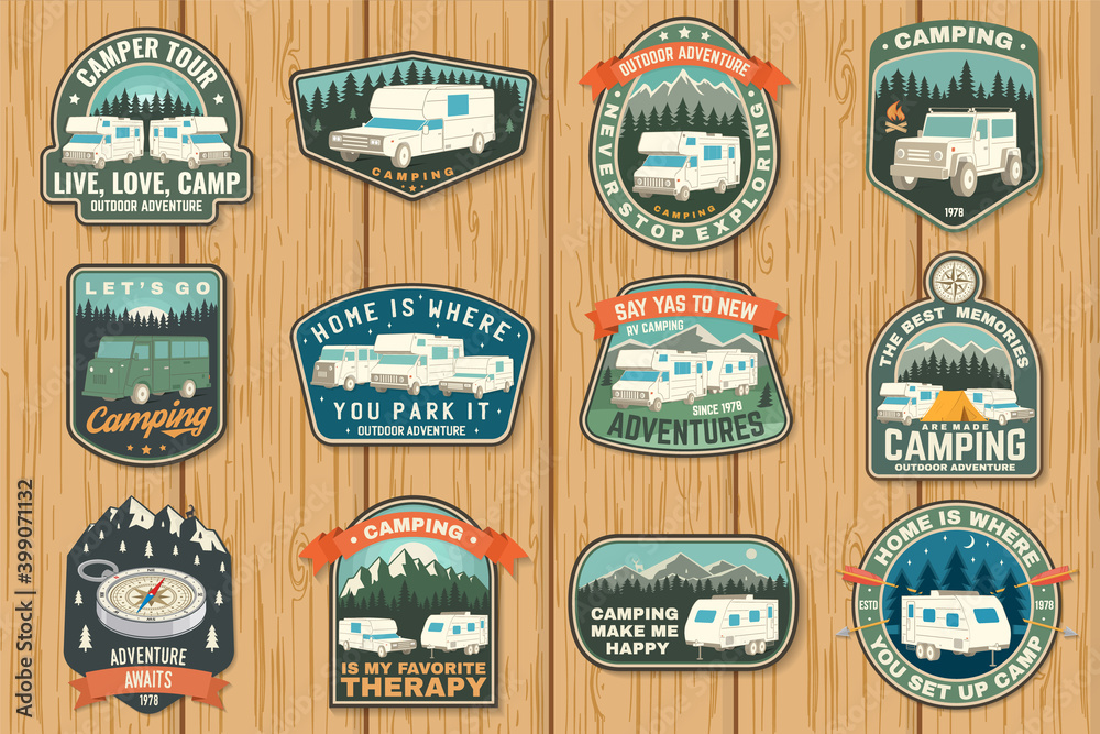 Set of rv camping badges, patches. Vector Concept for shirt or logo, print, stamp or tee. Vintage typography design with RV Motorhome, camping trailer and off-road car silhouette.