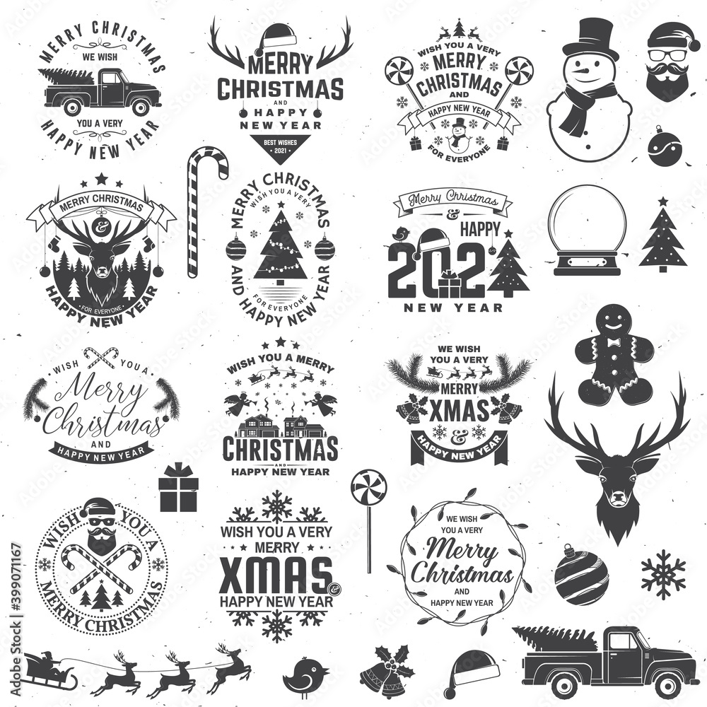 Set of Merry Christmas and 2021 Happy New Year stamp sticker Set quotes with snowflakes, snowman, santa claus, candy, sweet candy, cookies. Vector. Vintage typography design for xmas, new year emblem