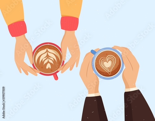 Female and male hands holding coffee cups with latte art and mistletoe. Top view vector illustration, christmas and winter composition