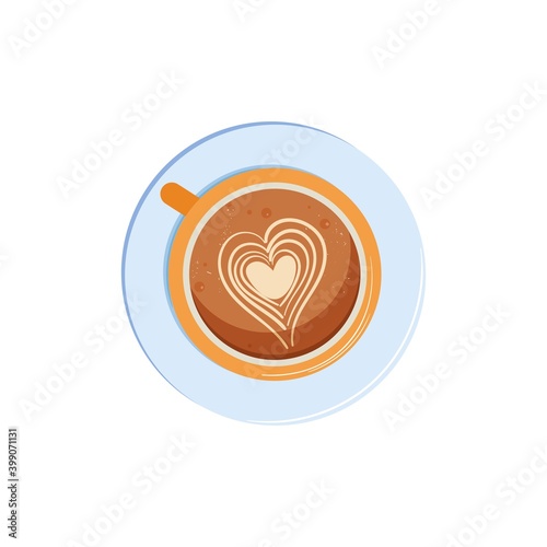 Vector illustration with coffee cup and latte art in the form of heart, top view.