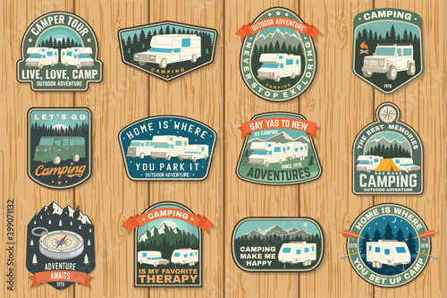 Set of rv camping badges, patches. Vector Concept for shirt or logo, print, stamp or tee. Vintage typography design with RV Motorhome, camping trailer and off-road car silhouette.