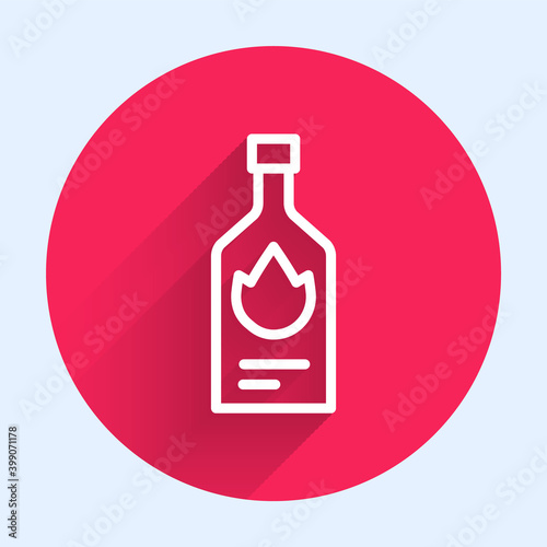 White line Tabasco sauce icon isolated with long shadow. Chili cayenne spicy pepper sauce. Red circle button. Vector.