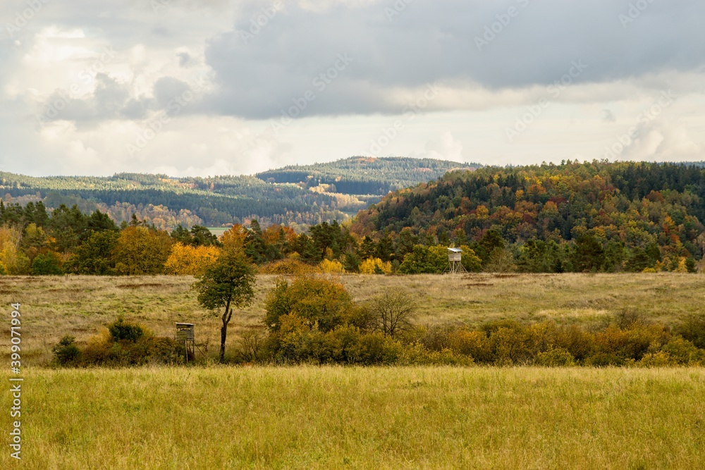Autumn view of forests and countryside in the countryside.