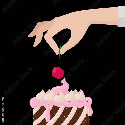 The chef's hand decorates the cake. Cherry on top. Vector illustration. Flat