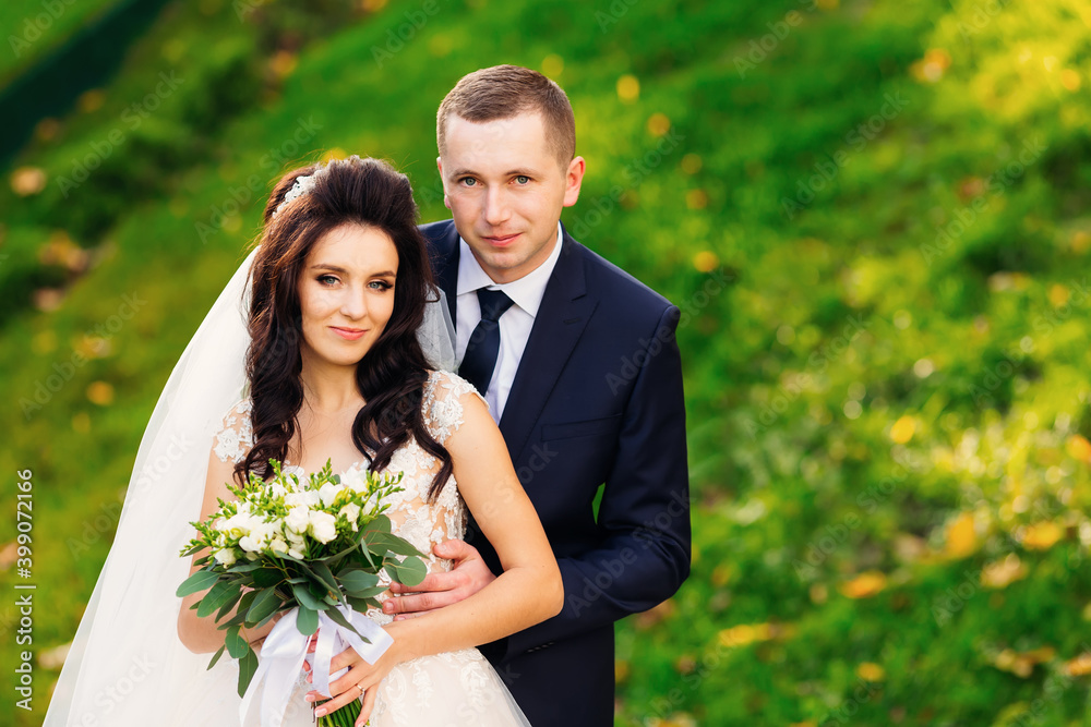 the groom hugs the bride from the back side and they look into t the groom hugs the bride from the back side and they look into t