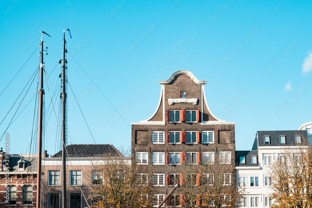 Monumental buildings in street called Wolwevershaven, Dordrecht, The Netherlands