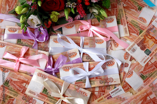 Russian money. A bundle of money in denomination of 5,000 thousand rubles.Gift.