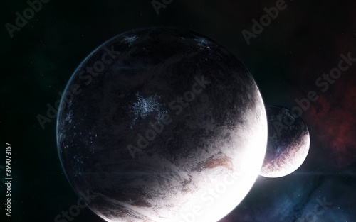 Inhabited planets in background of deep space nebulae. Science fiction. Elements of this image furnished by NASA