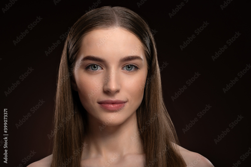 Natural beauty woman with no make up face portrait. Healthy pure skin model posing on camera isolated on black background. Natural make up concept. Spa and beautiful concept. Natural beauty woman with no make up face portrait. Healthy pure skin model posing on camera isolated on black background. Natural make up concept. Spa and beautiful concept.
