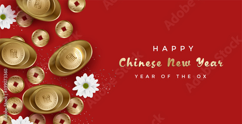 Happy Chinese new year with gold ingot and money elements. Modern China culter banner or background. Translated: Wealth