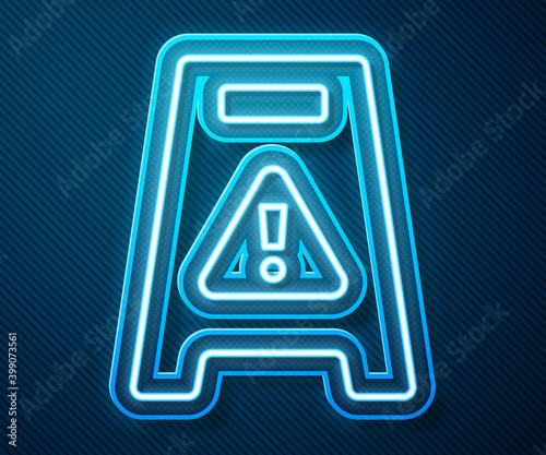 Glowing neon line Wet floor and cleaning in progress icon isolated on blue background. Cleaning service concept. Vector.