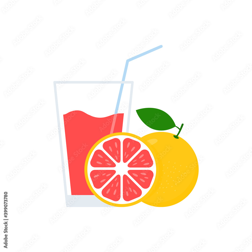 Grapefruit juice in glass. Healthy fresh drink. Vector organic illustration isolated on white.