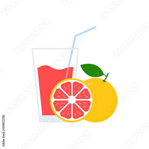 Grapefruit juice in glass. Healthy fresh drink. Vector organic illustration isolated on white.