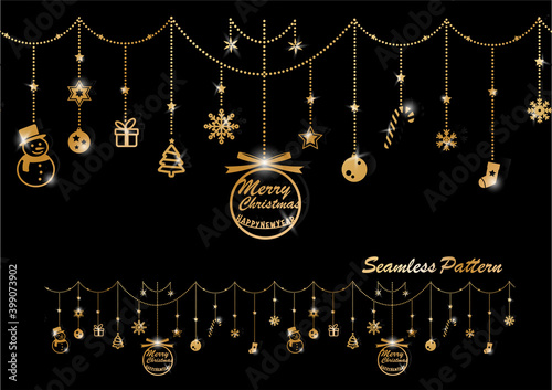 Horizontal seamless pattern gold ganging Christmas on black isolate background that has more elements such as Ornament, present, snowflake, sock, pine tree, and star