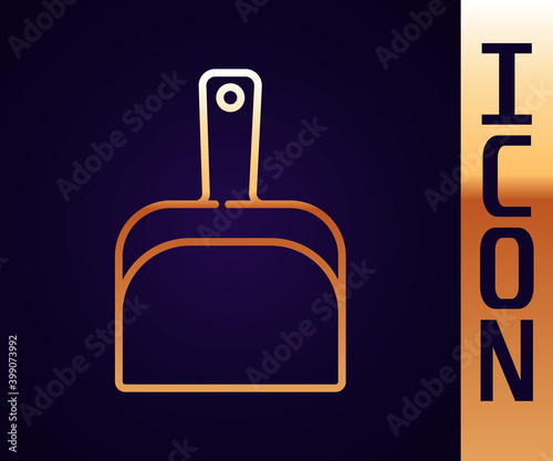 Gold line Dustpan icon isolated on black background. Cleaning scoop services. Vector.