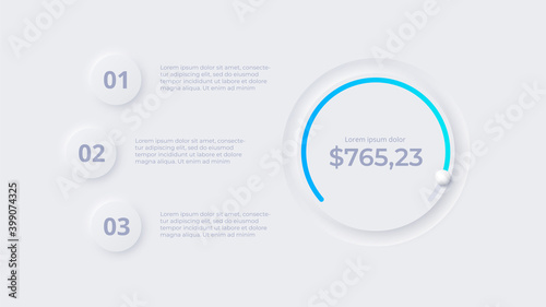Neumorphic circle element for infographic. Template for diagram, graph, presentation and chart. Skeuomorph concept with 3 options, parts, steps or processes