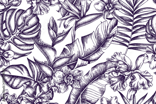 Artistic seamless pattern with monstera, banana palm leaves, strelitzia, heliconia, tropical palm leaves, orchid