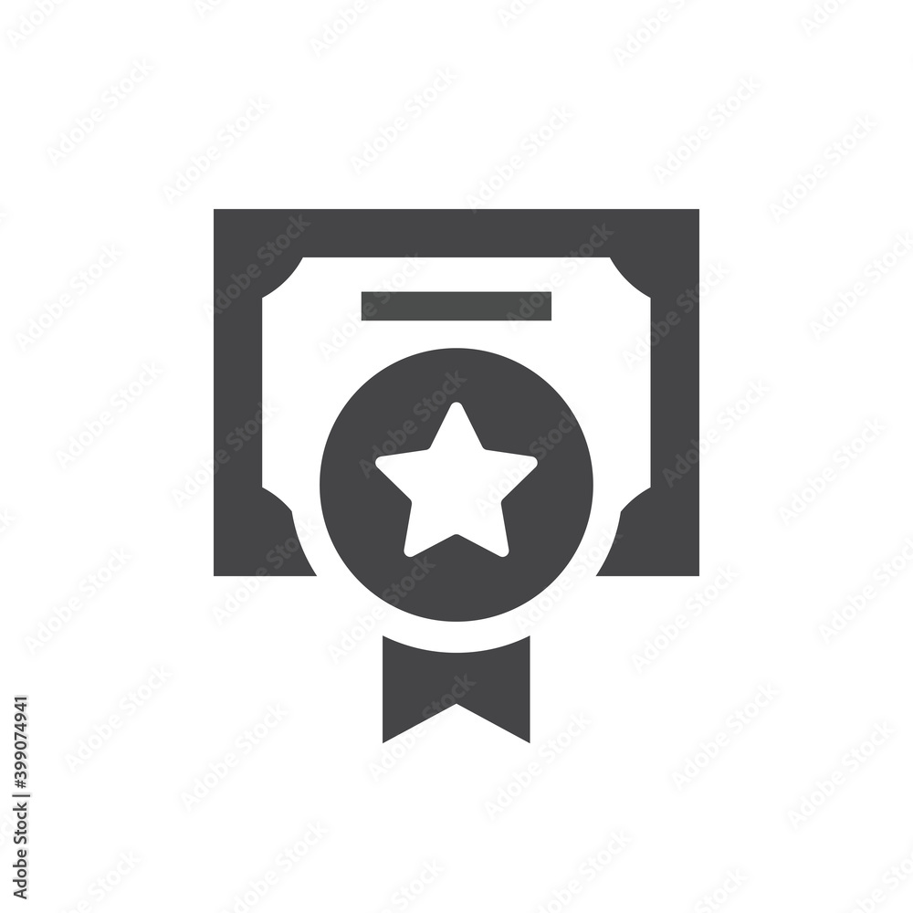 Quality certificate black vector icon. Diploma document with star award badge symbol. Quality certificate black vector icon. Diploma document with star award badge symbol.