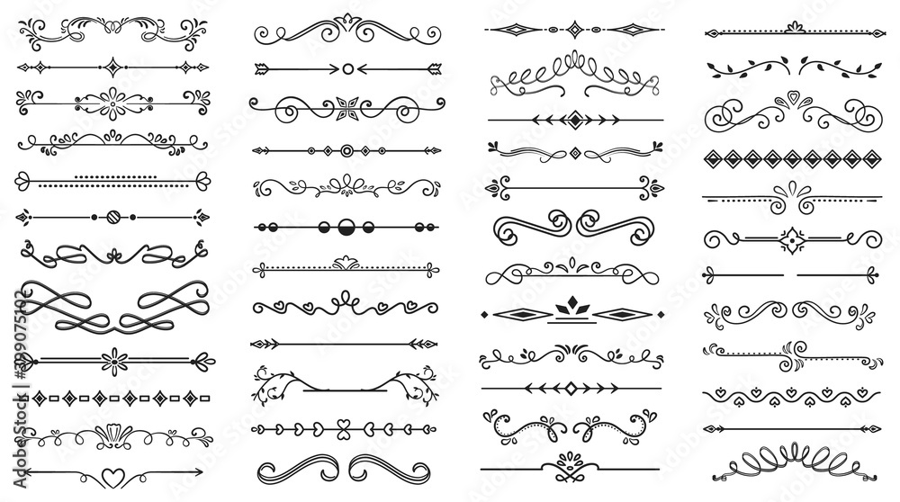Various text delimiters for your projects. Big set of black and white vector illustrations.