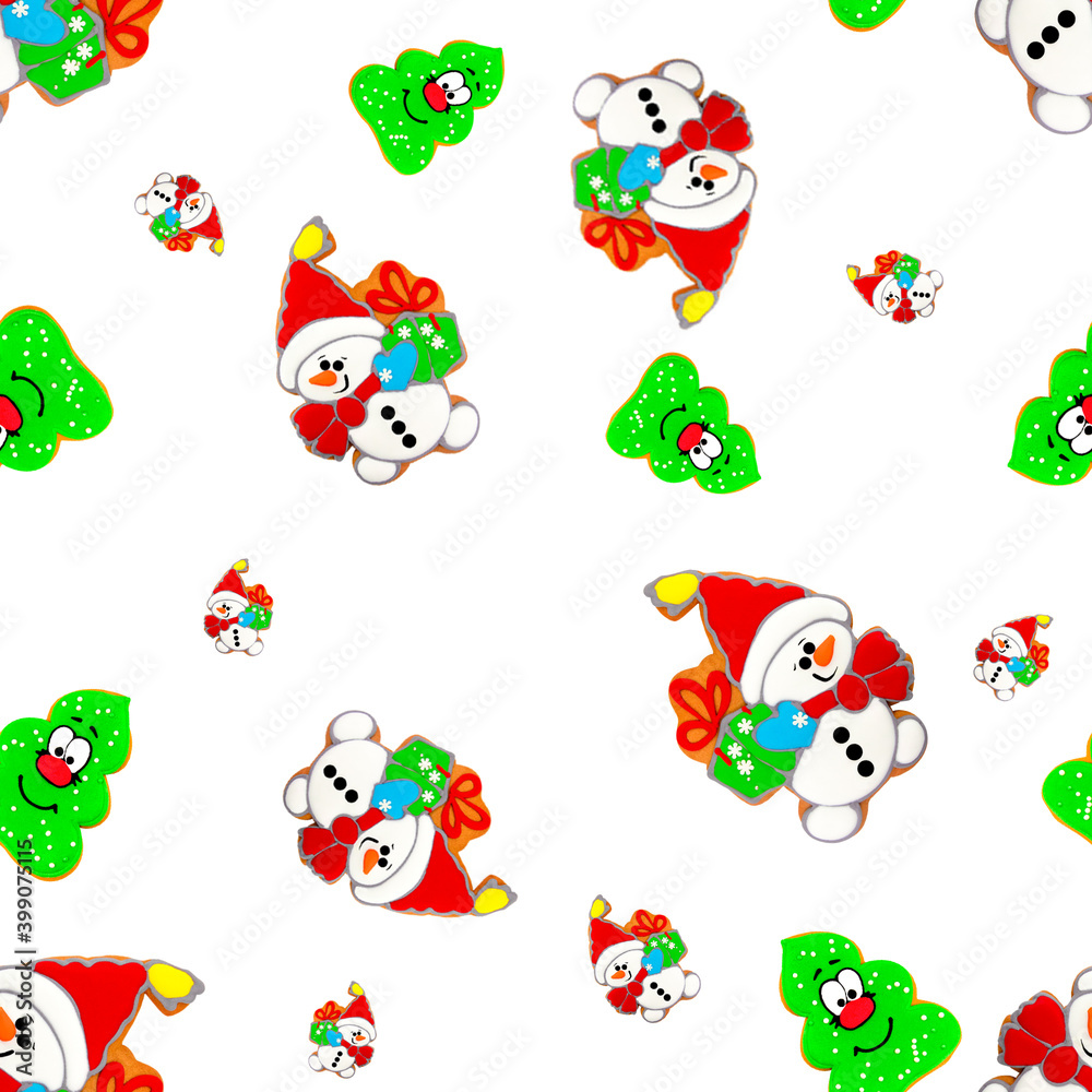 seamless pattern on white background christmas tree and snowman