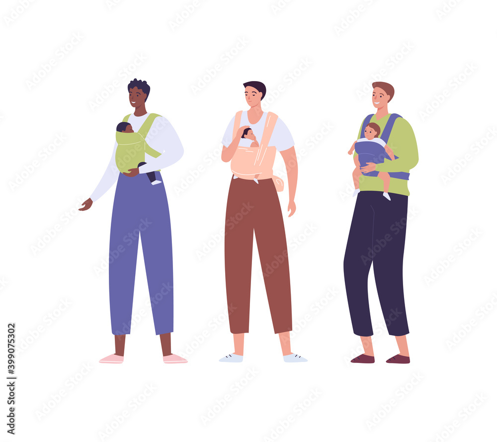 Fototapeta premium Parent with child in baby carrier. Vector flat people illustration set. Group of diverse men hold son or daughter. African american, caucasian, mixed ethic person. Concept of father love and care.