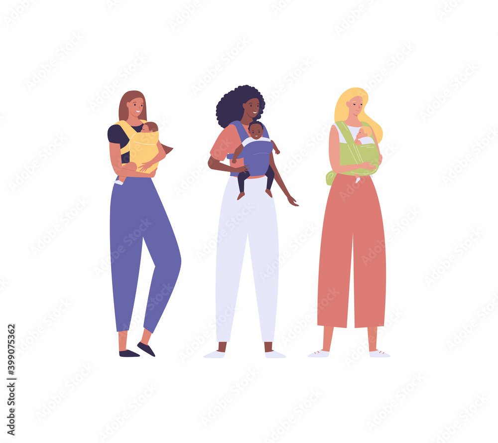Fototapeta premium Parent with child in baby carrier. Vector flat people illustration set. Group of diverse female hold son or daughter. African american, caucasian, mixed ethic person. Concept of mother love and care.