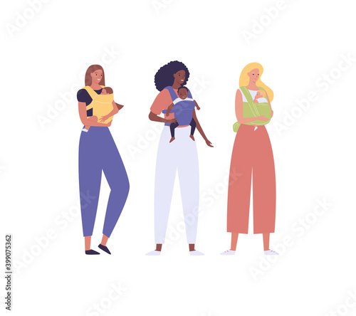 Parent with child in baby carrier. Vector flat people illustration set. Group of diverse female hold son or daughter. African american, caucasian, mixed ethic person. Concept of mother love and care.