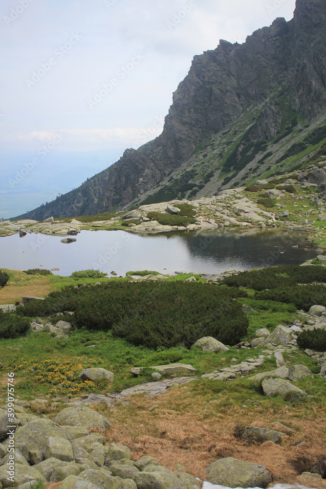 Panorama with mountain lake in High Tatra, Slovakia, Europe