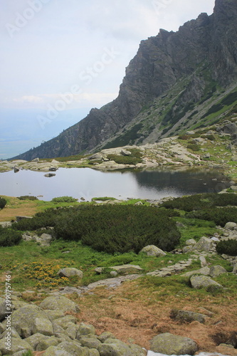 Panorama with mountain lake in High Tatra, Slovakia, Europe