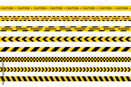Warning yellow tape set. Stripes borders. Danger, caution, police stripes. Seamless ribbons barricade. © Anya