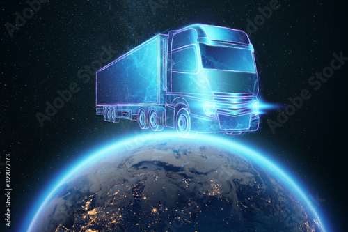 Fototapeta Naklejka Na Ścianę i Meble -  Truck and containers digital graphics. applications for tracking parcels, online delivery service, logistics.
