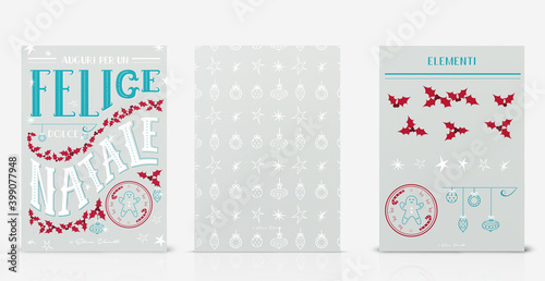 Christmas greeting card. Vector Illustrations postcard with lettering calligraphy, decorative ornament elements and pattern. DIN A6