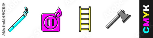Set Cigarette, Electric wiring of socket in fire, Fire escape and Firefighter axe icon. Vector.