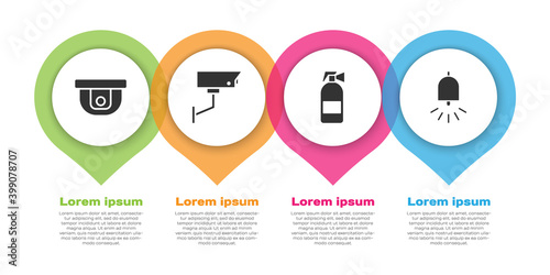 Set Motion sensor, Security camera, Fire extinguisher and Ringing alarm bell. Business infographic template. Vector.
